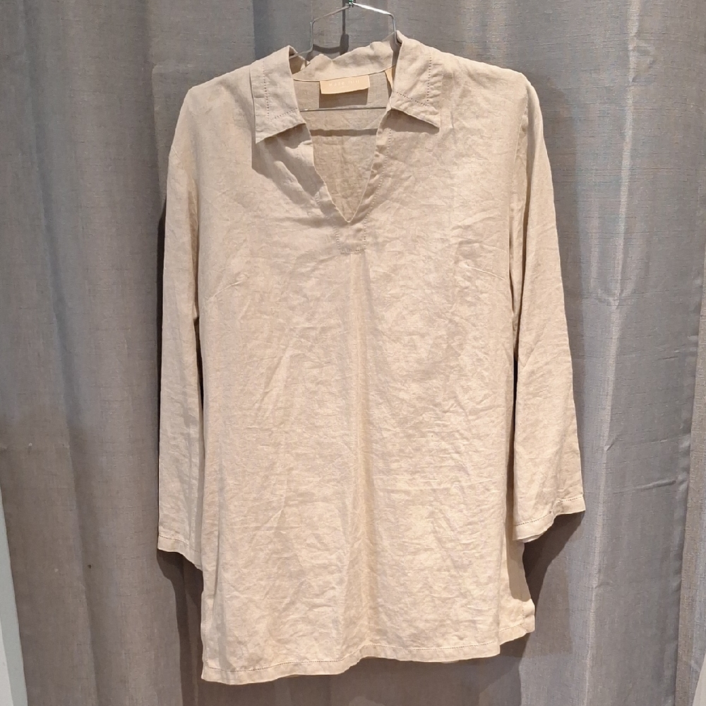 Kate Hill 100% Linen Beige Long Sleeve Tunic Top Size Petite Medium